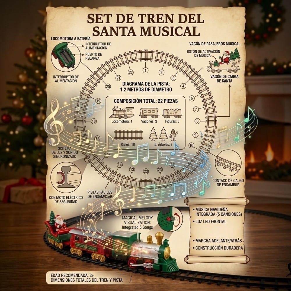 Tren Navideño Musical Luz y Sonido 22 Ps - La Magia de la Navidad Alrededor de tu Árbol