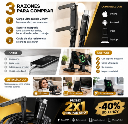 Cable Carga Rapida -  2 En 1 Premium 2X1