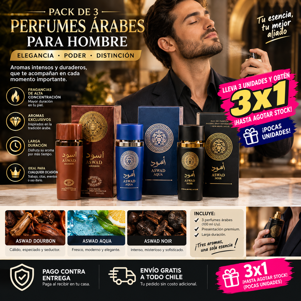 Pack de 3 perfumes Arabes Awsad - Hombre