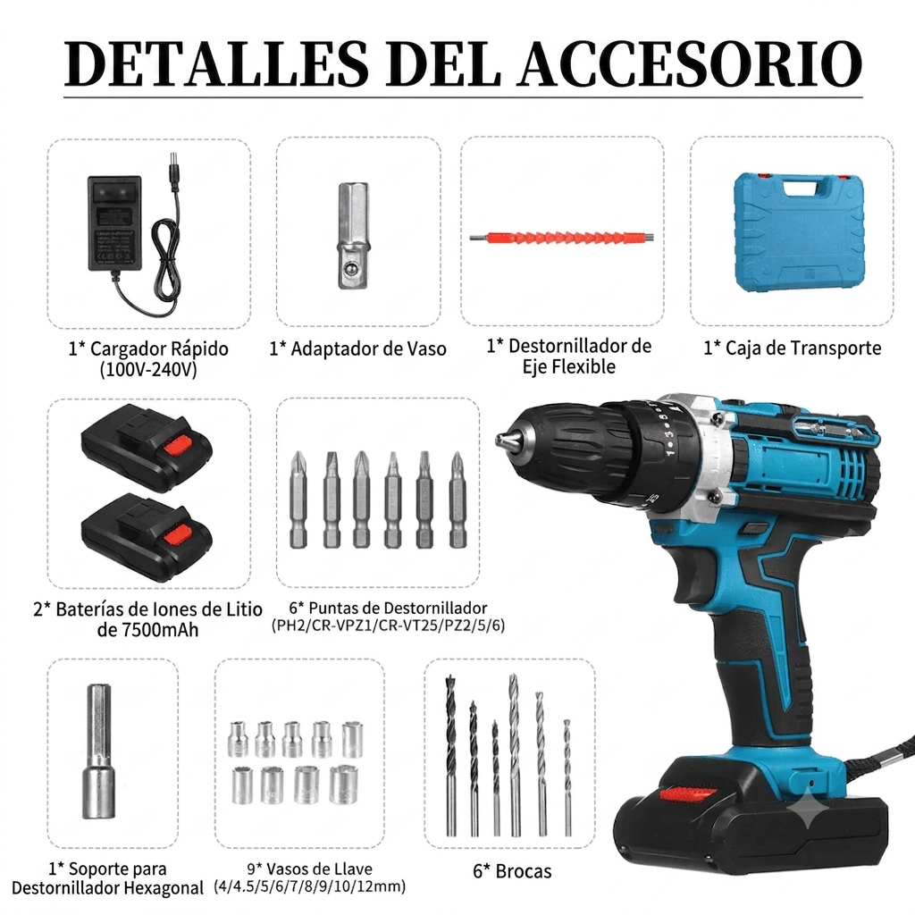 Taladro Inalambrico 2 Baterias y accesorios